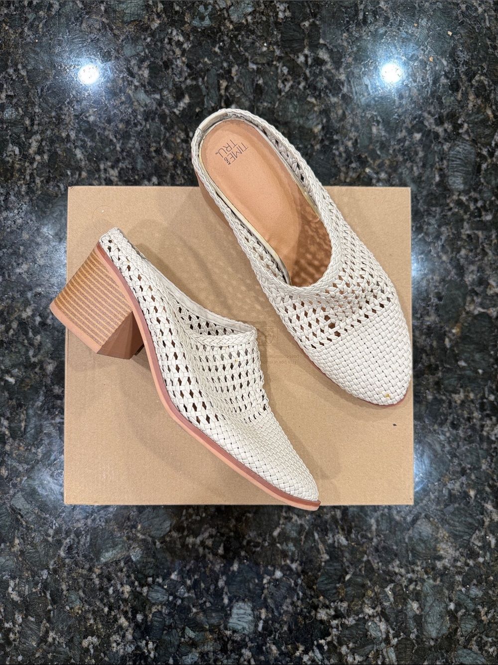 Time and Tru Woven Cream Block Heel Mules